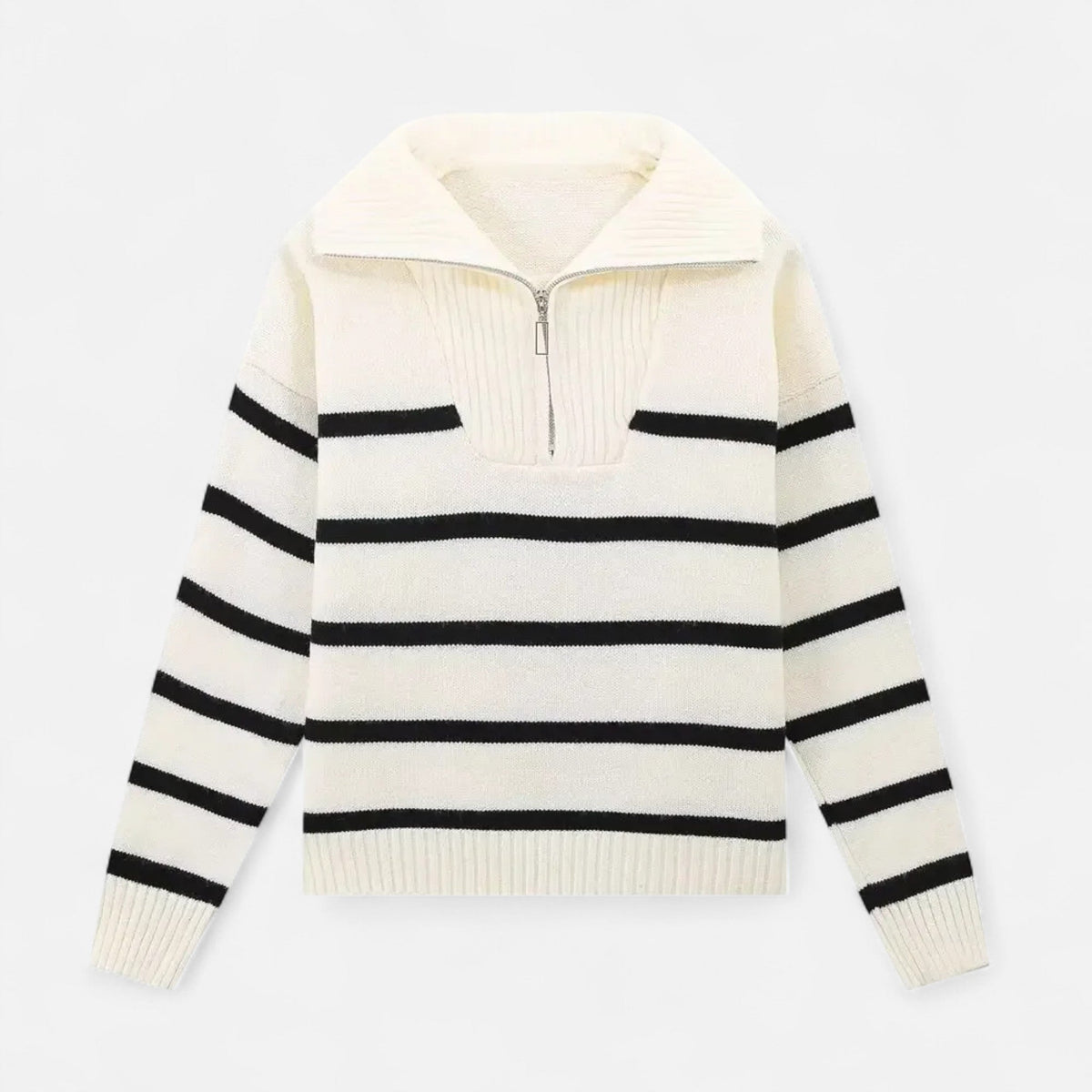 Women's Striped Polo Sweater with Half-Zip – Elegant Fall Fashion, Casual Wear