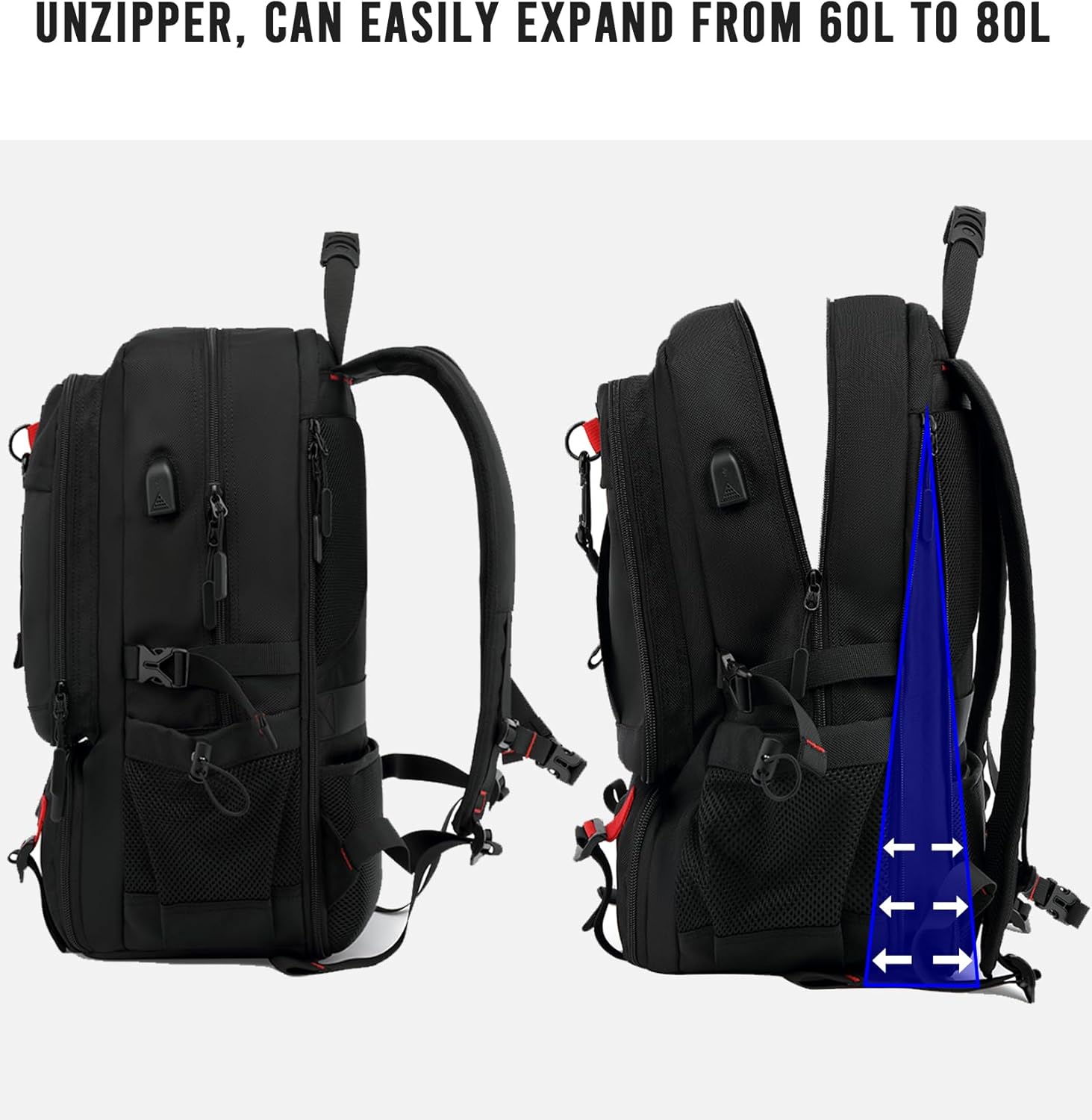 60L Waterproof Travel Laptop Backpack with USB Port – Travel, Outdoor
