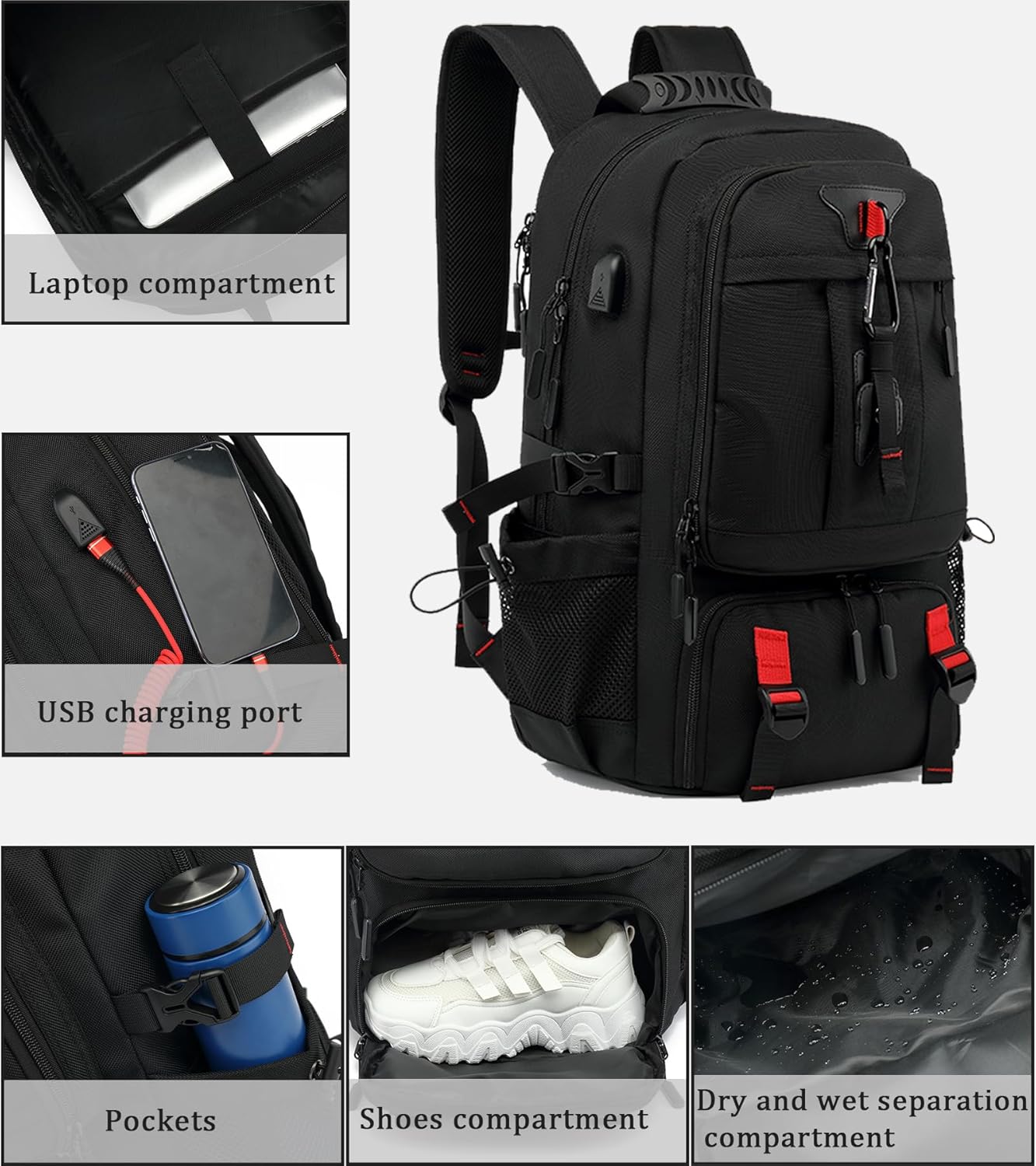 60L Waterproof Travel Laptop Backpack with USB Port – Travel, Outdoor